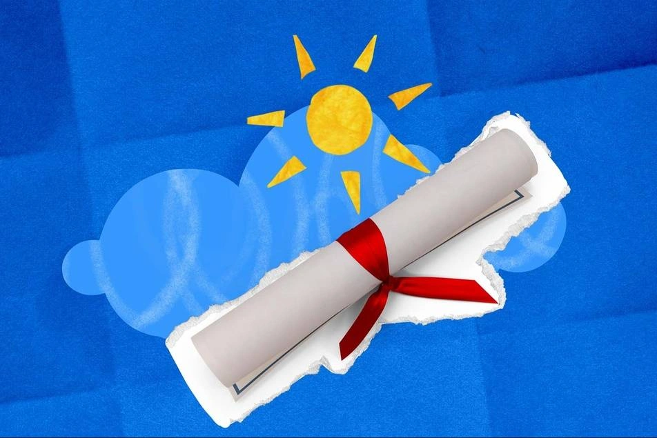 An illustration of a diploma and a sun.