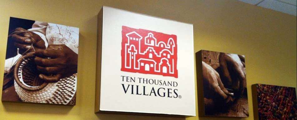 Close up of gallery exhibition for Ten Thousand Villages.