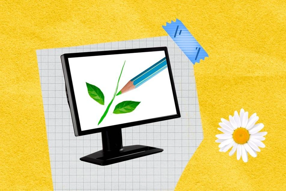 An illustration of a computer screen with a pencil and a drawing of a plant on it.