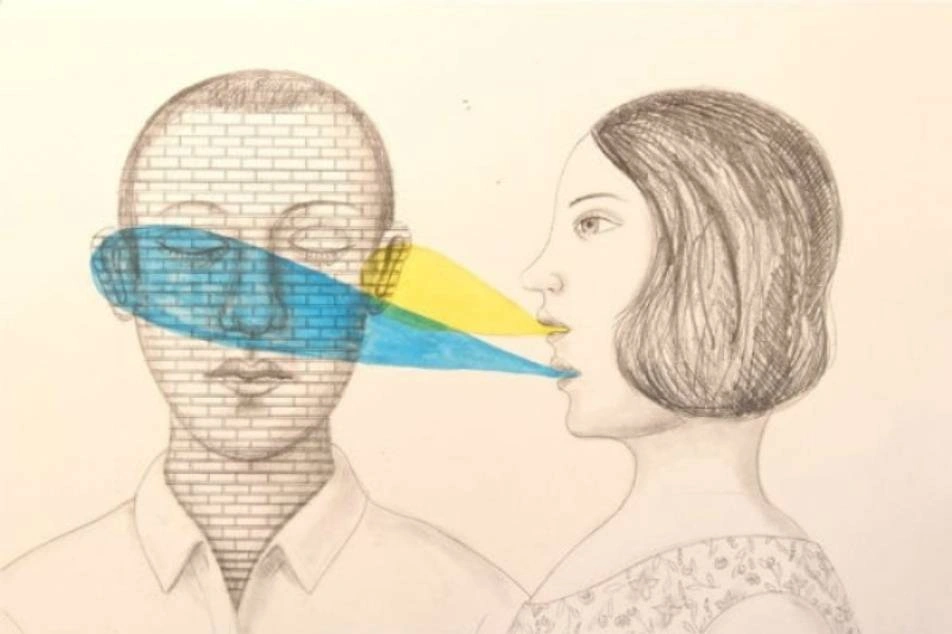 Ilustración de una mujer hablando y un hombre escuchando