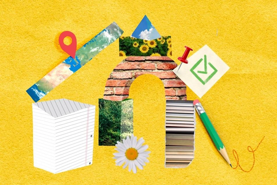 Abstract illustration of various materials like bricks, paper and sunflowers creating an arch