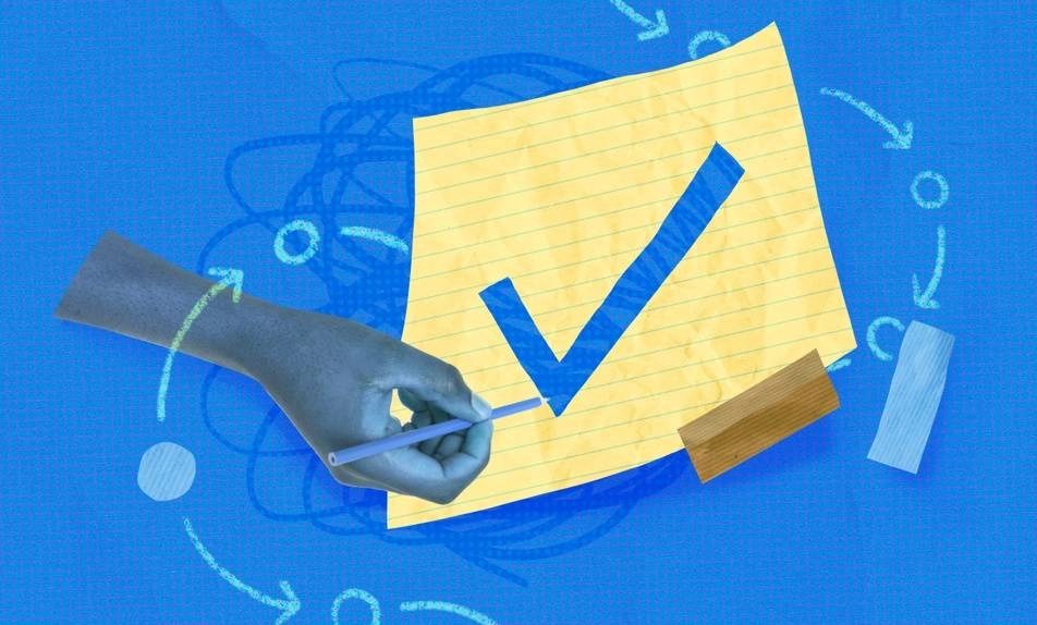 An illustration of a checkmark on a lined piece of paper on a blue background.