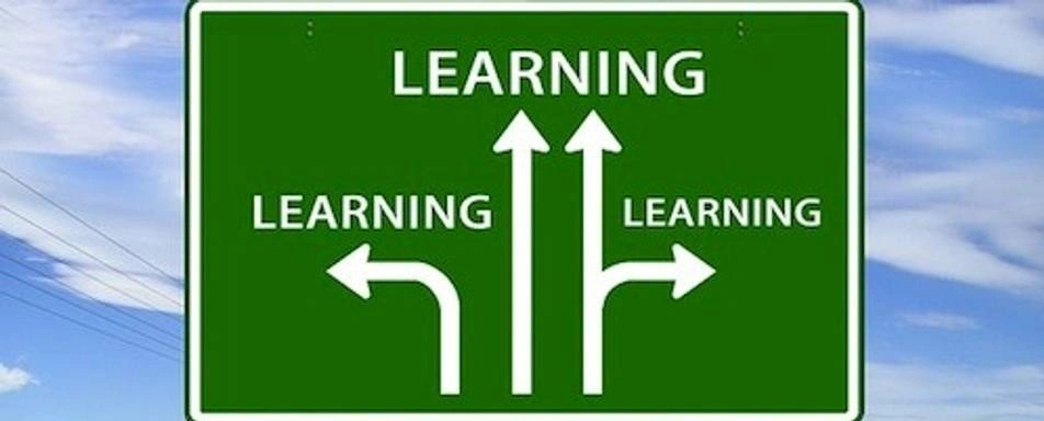A road sign pointing to different directions. They all say Learning.