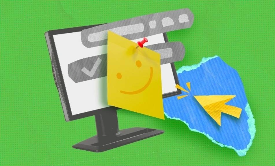 An illustration of a computer with a smiling post it on it.
