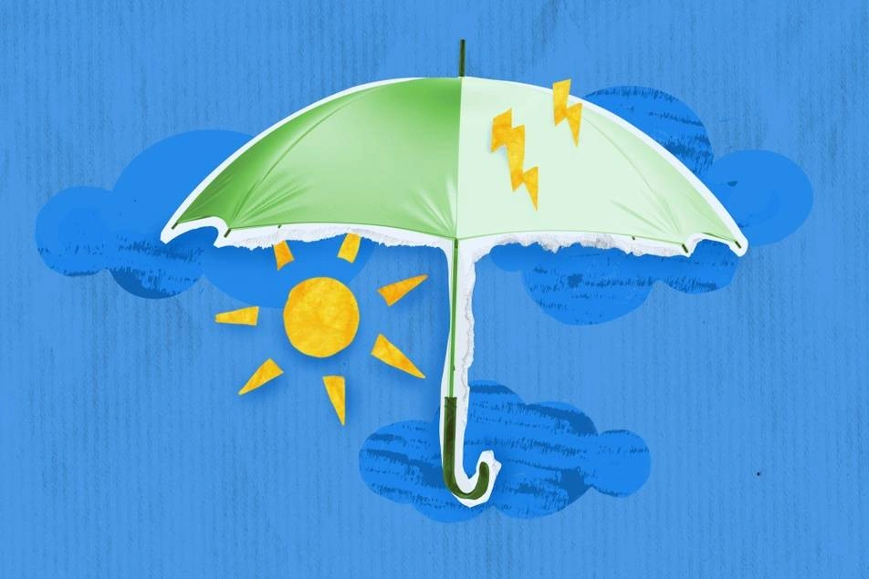 An illustration of an umbrella with a sun and a lighting bolt.