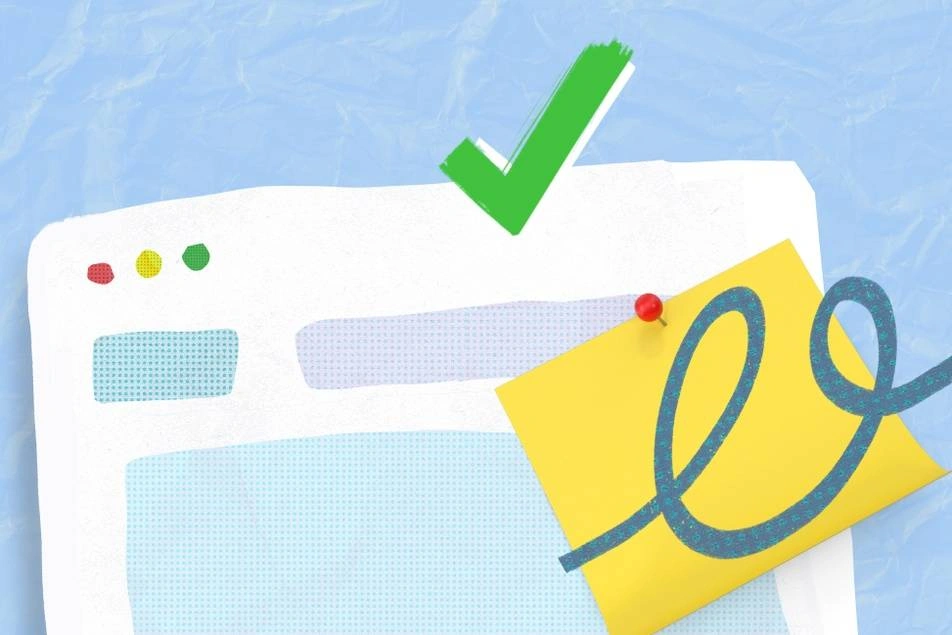 Illustration of a web browser, a post it and a check mark.
